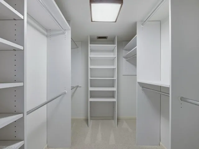 Walk in closet with light carpet