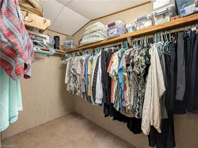 Walk in closet featuring light carpet and lofted ceiling