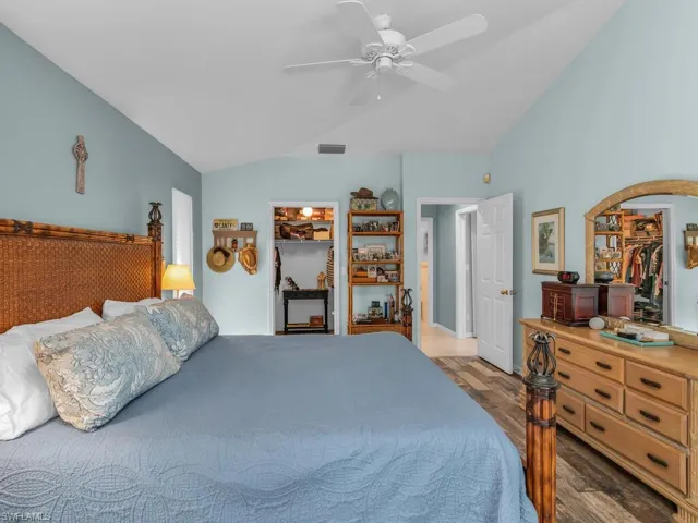 Bedroom with a closet, lofted ceiling, ceiling fan, a walk in closet, and light wood-type flooring