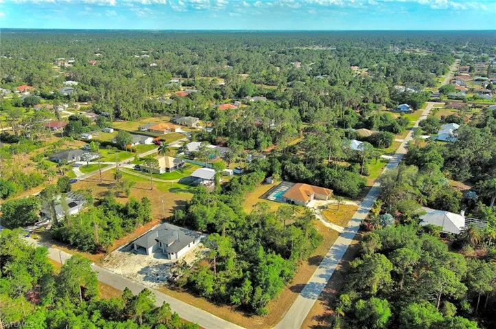 Aerial perspective of suburban area featuring a forest