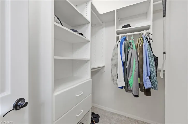 Walk in closet featuring light colored carpet