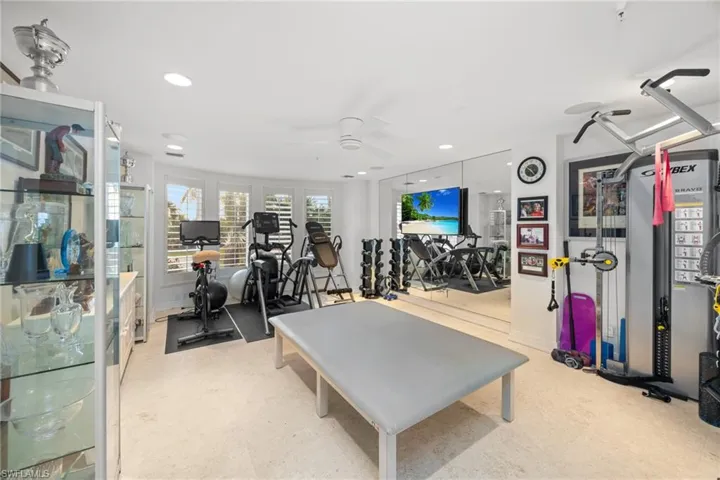 Workout area with ceiling fan