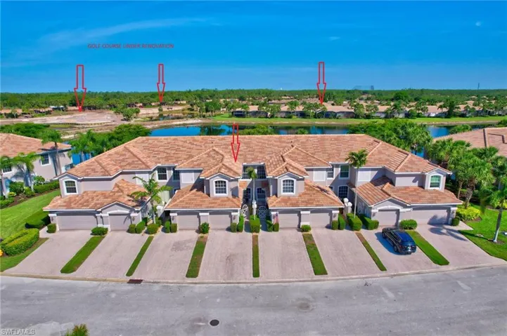 Aerial view of the propertie's building and a partial view of the golf course under renovation