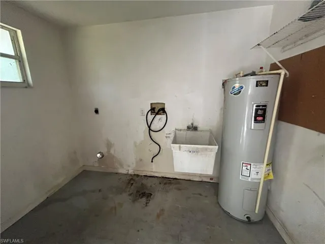 Utilities featuring electric water heater and a sink
