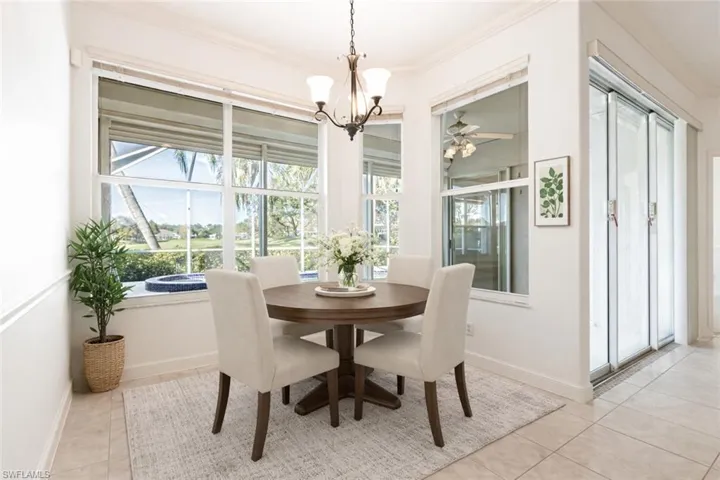 Virtually staged dining area with beautiful views of pool and golf course
