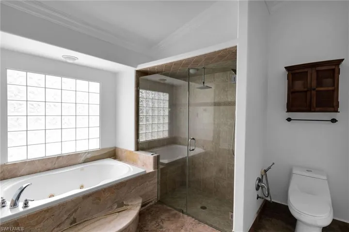 Bathroom with separate shower and tub, toilet, and crown molding