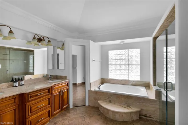 Bathroom featuring vanity, ornamental molding, and independent shower and bath