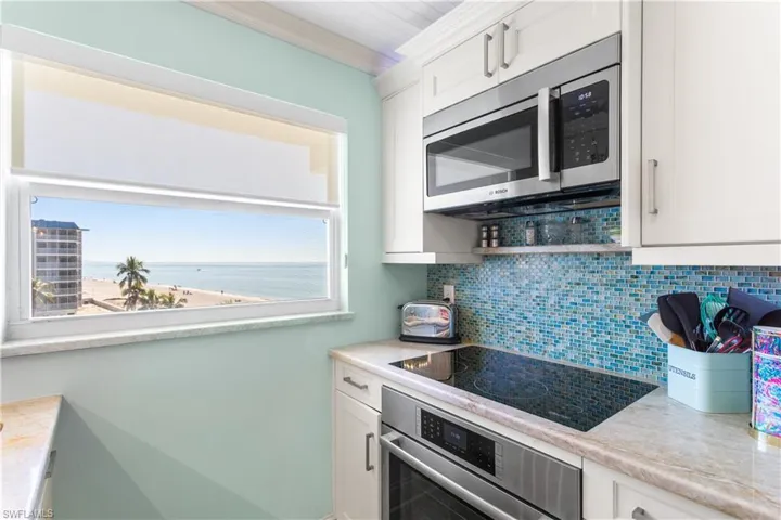 Bosch stainless stove, microwave, and dishwasher.