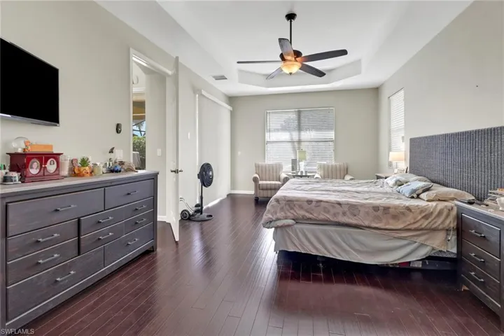 Bedroom with ceiling fan, multiple windows, a tray ceiling, and dark hardwood / wood-style flooring
