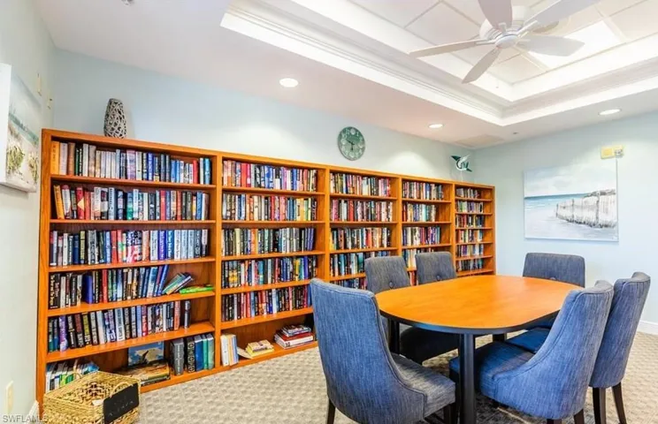Community library with seating and reading space.