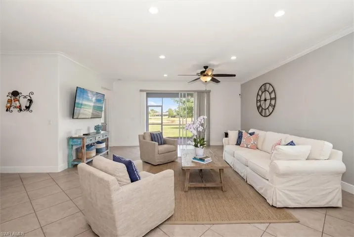 Virtually staged living room showing potential furniture placement and everyday living space.