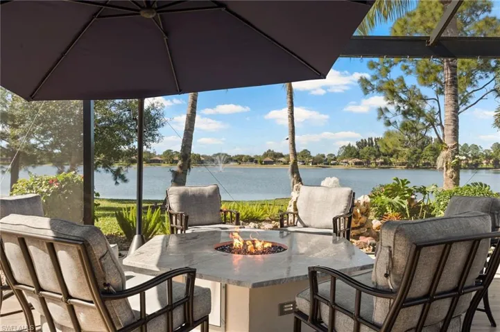 View of patio with a water view and an outdoor fire pit