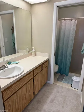 Bathroom with toilet, tiled shower, and vanity