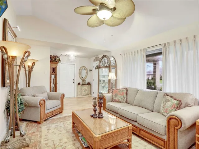 Tiled living room with ceiling fan