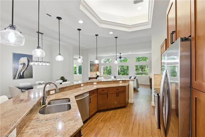 The island faces out towards the entire great room space where you can cook and be a part of the conversation