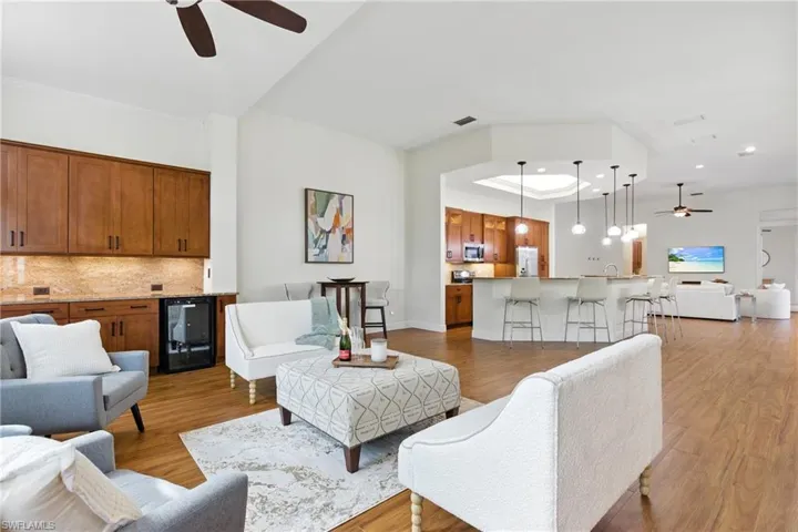 Looking back to the great room, the living room area can participate in what's happening in the kitchen and vice versa