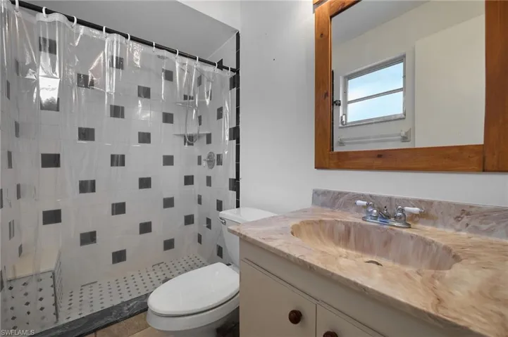 Bathroom with vanity, walk in shower, and toilet