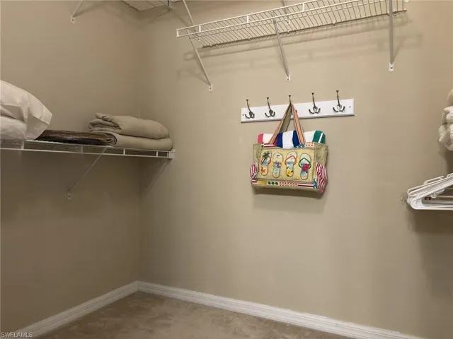Walk in closet featuring light colored carpet