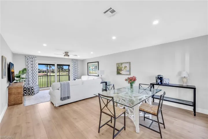 Dining space featuring recessed lighting, light wood finished floors, and ceiling fan