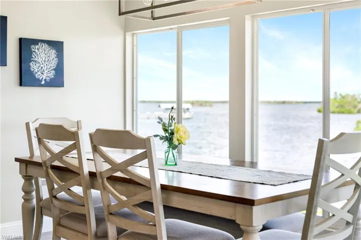 Dining space featuring a water view
