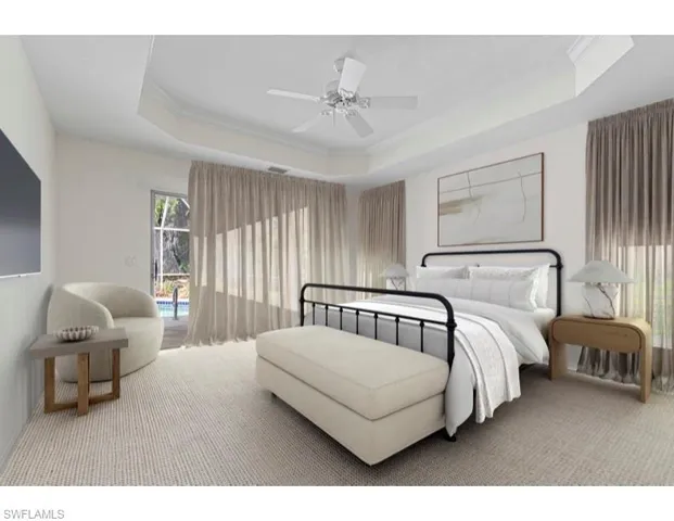 Virtually Staged Primary Bedroom featuring carpet floors, access to exterior, ceiling fan, a raised ceiling, and ornamental molding