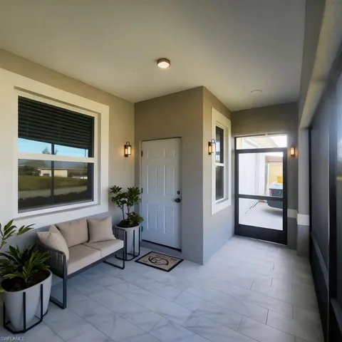 View of exterior entry featuring stucco siding and a sunroom