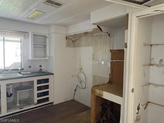 Kitchen with dark hardwood / wood-style flooring and sink