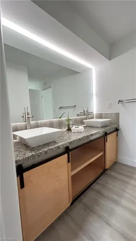 Bathroom with dual bowl vanity and hardwood / wood-style floors