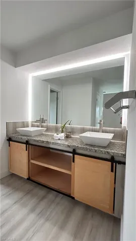 Bathroom with hardwood / wood-style flooring and dual bowl vanity