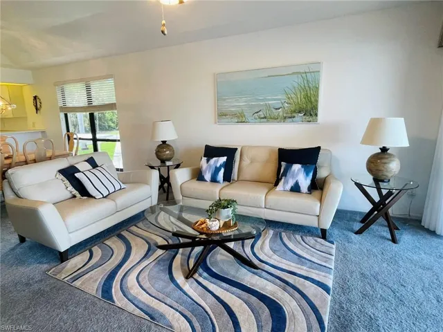 Living area with carpet floors