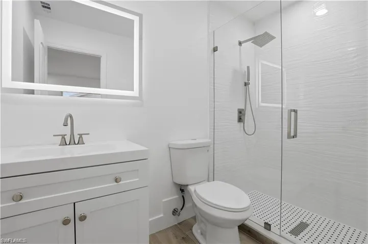 Full bathroom featuring vanity, a shower stall, and light wood-type flooring
