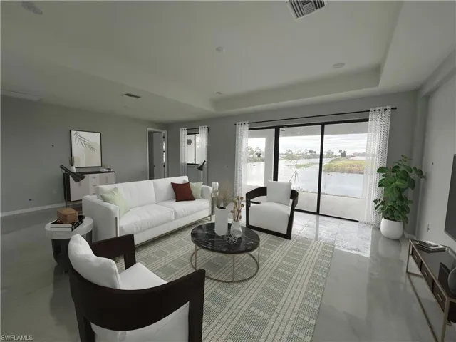 Living room with concrete flooring