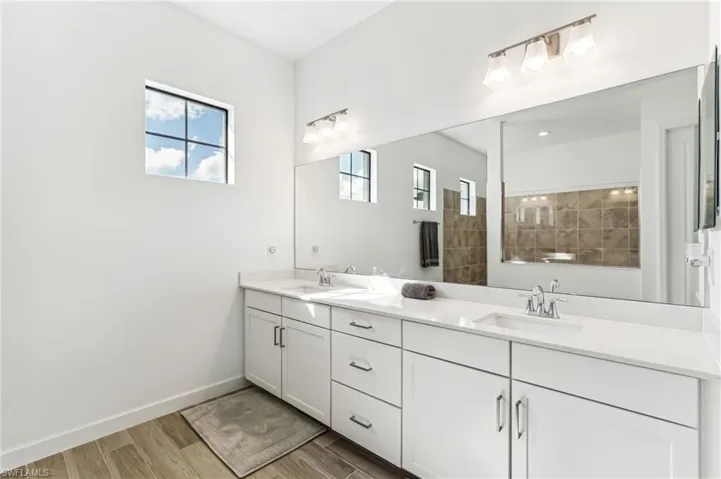Bathroom with wood-type flooring, vanity, and tiled shower