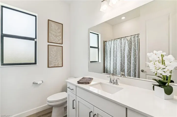 Bathroom featuring walk in shower, hardwood / wood-style floors, vanity, and toilet