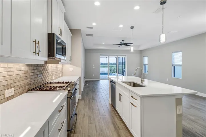 Kitchen with stainless steel appliances, white cabinets, dark wood-style floors, a raised ceiling, and ceiling fan