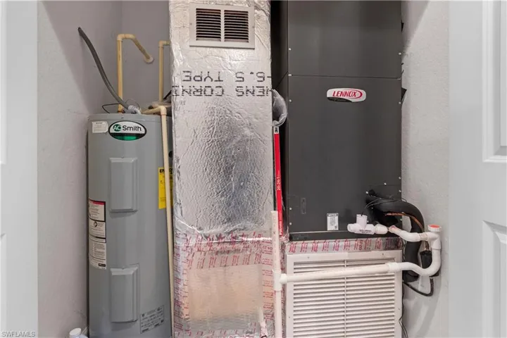 Utility closet housing a hot water heater and HVAC system