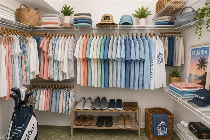 Customizable closet system featuring wire shelving and multiple hanging rods (Virtually Staged)
