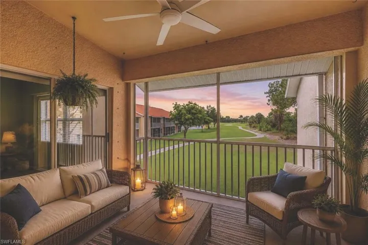 Screened lanai with serene views of the golf course (virtually staged)