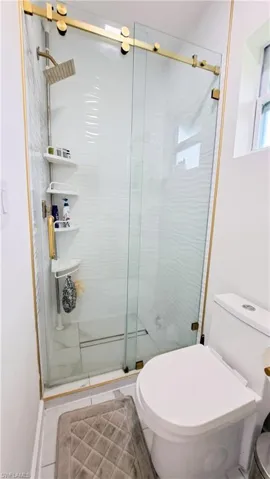 Full bathroom with toilet and a stall shower