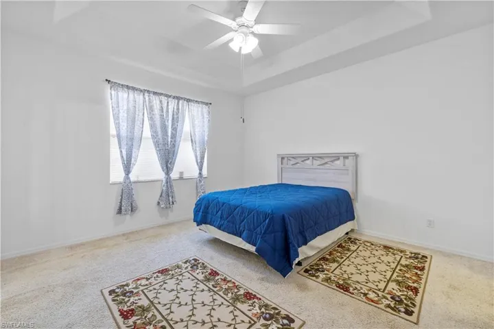 Bedroom featuring carpet flooring, a tray ceiling, and ceiling fan