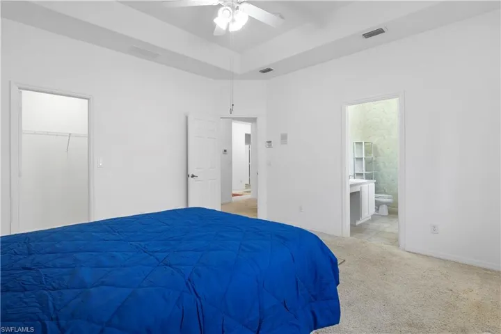 Bedroom with light carpet, ceiling fan, a raised ceiling, and connected bathroom