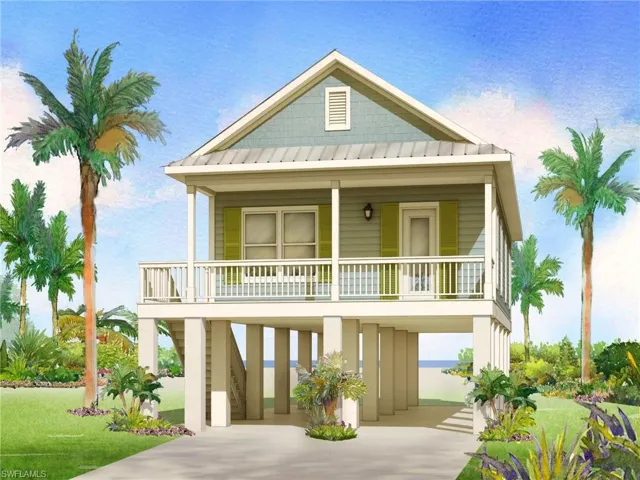 Future suggested construction. Raised beach house with a carport, a standing seam roof, concrete driveway, a metal roof, and covered porch