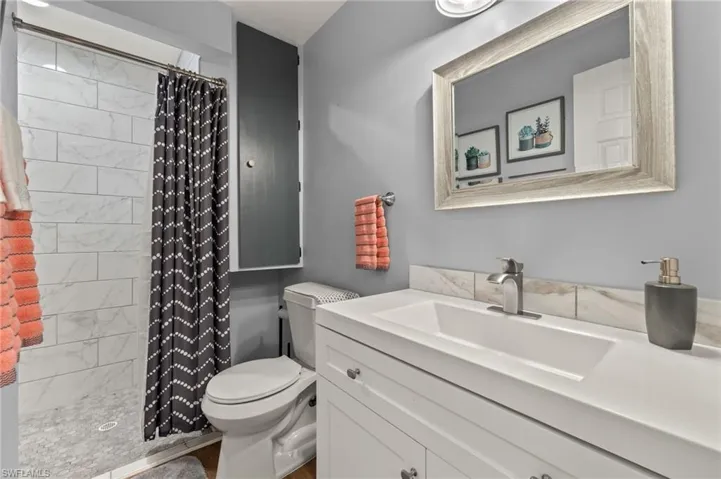 Bathroom featuring vanity, toilet, and walk in shower