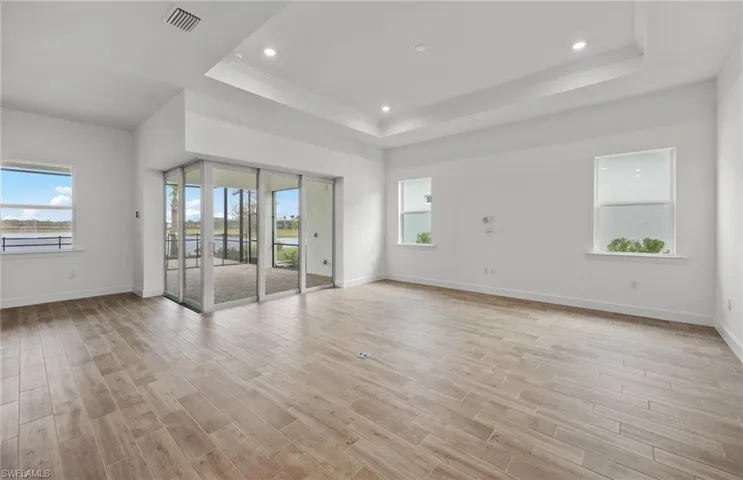 Unfurnished room with a tray ceiling, a wealth of natural light, and light hardwood / wood-style floors
