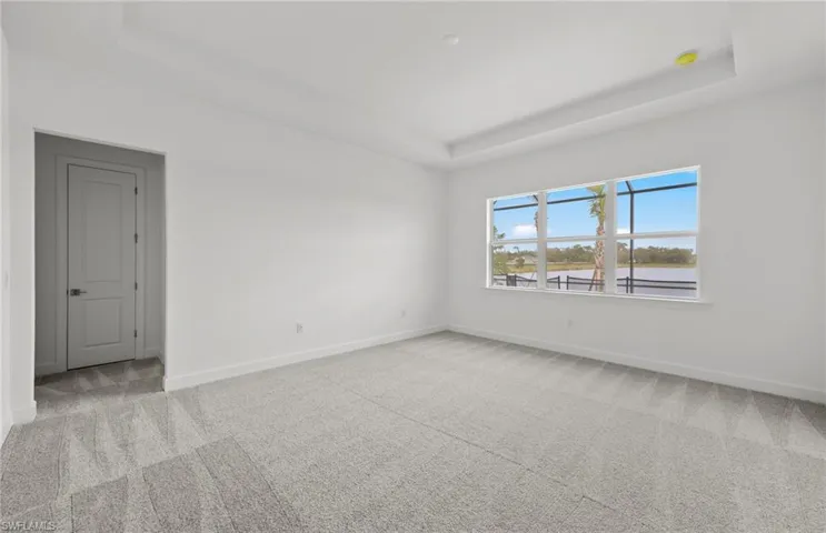 Carpeted empty room with a raised ceiling