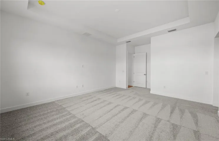 Unfurnished room featuring light colored carpet and a raised ceiling