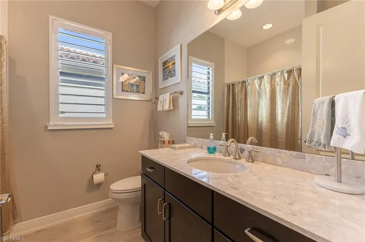 Bathroom with hardwood / wood-style flooring, vanity, and toilet