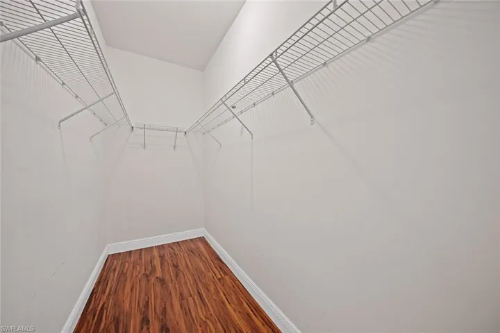 Spacious walk-in closet with dark wood finished floors