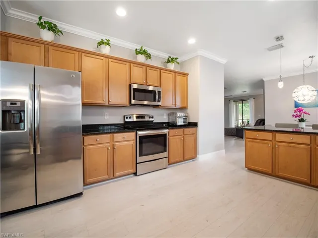 Kitchen with stainless steel appliances, pendant lighting, crown molding, light hardwood / wood-style flooring, and kitchen peninsula