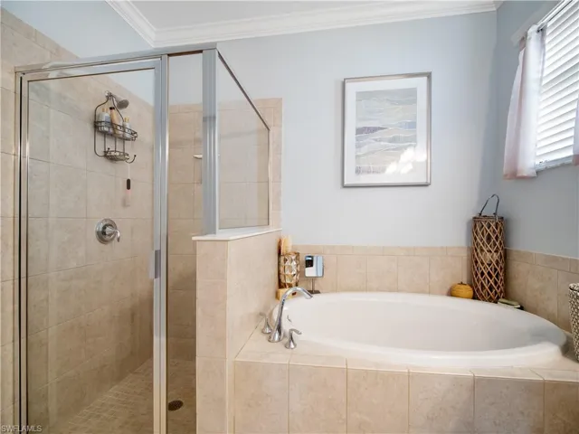 Bathroom featuring independent shower and bath and crown molding